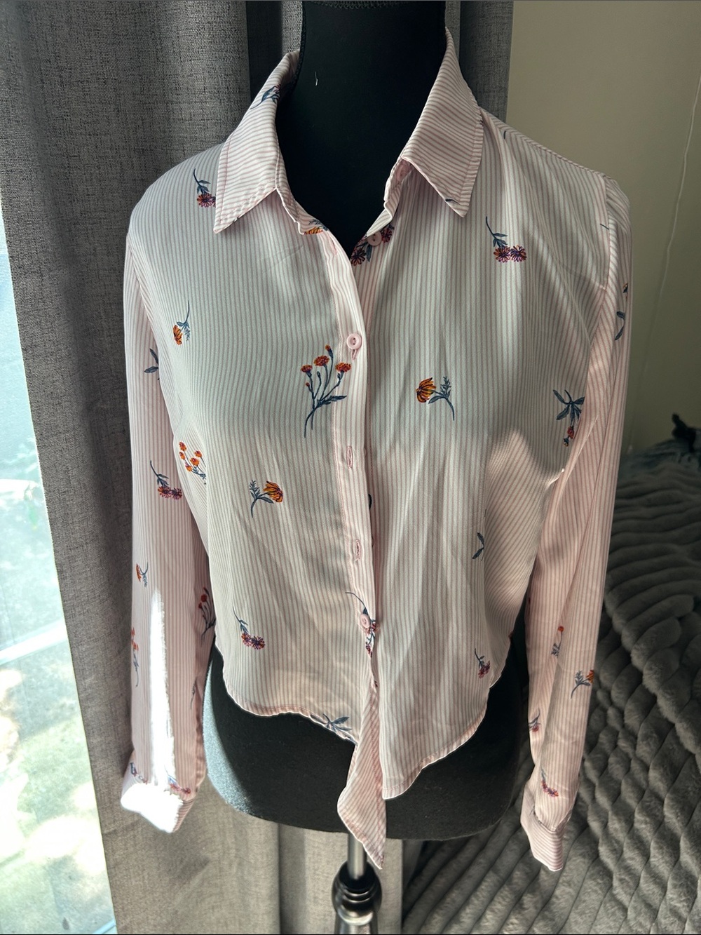 Forever 21 Pink Striped Floral Button-Down Shirt